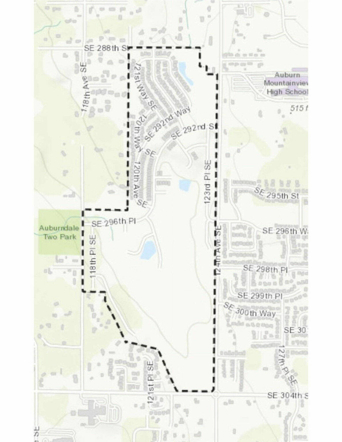 COURTESY IMAGE
The area within the dotted line is a Kent neighborhood known as The Bridges, completely surrounded by Auburn.