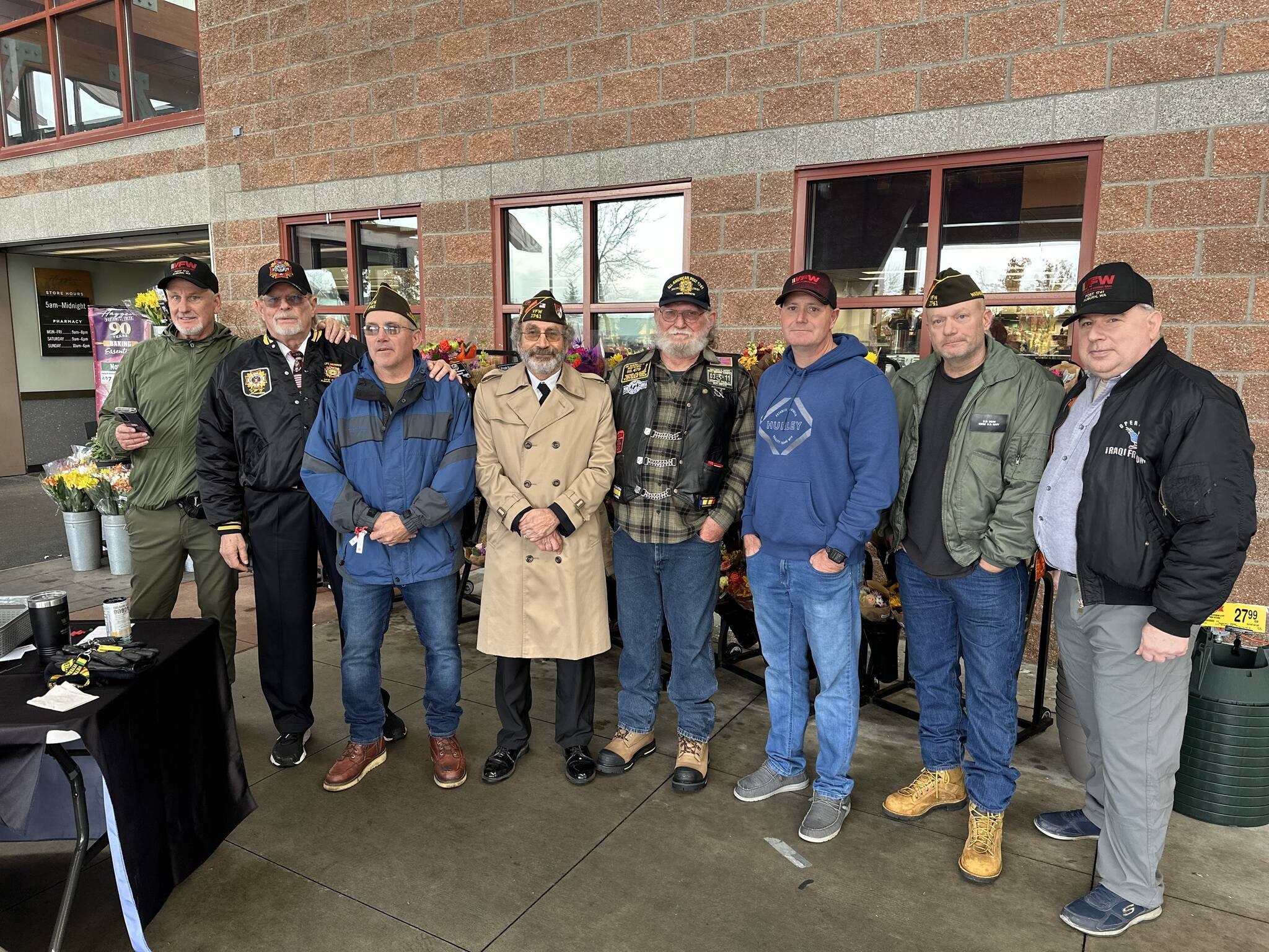 Courtesy photo, Tony Dohse
VFW Post 1741 members who distributed Buddy Poppies to honor veterans living and dead last Saturday in front of Haggen in Lakeland Hills are from left to right: Frank Bannister, Roger Flygare, Derek Dean, Mike Sepal, John Boterf, Tony Dohse, Eric Schlichte and Cory Rueb.