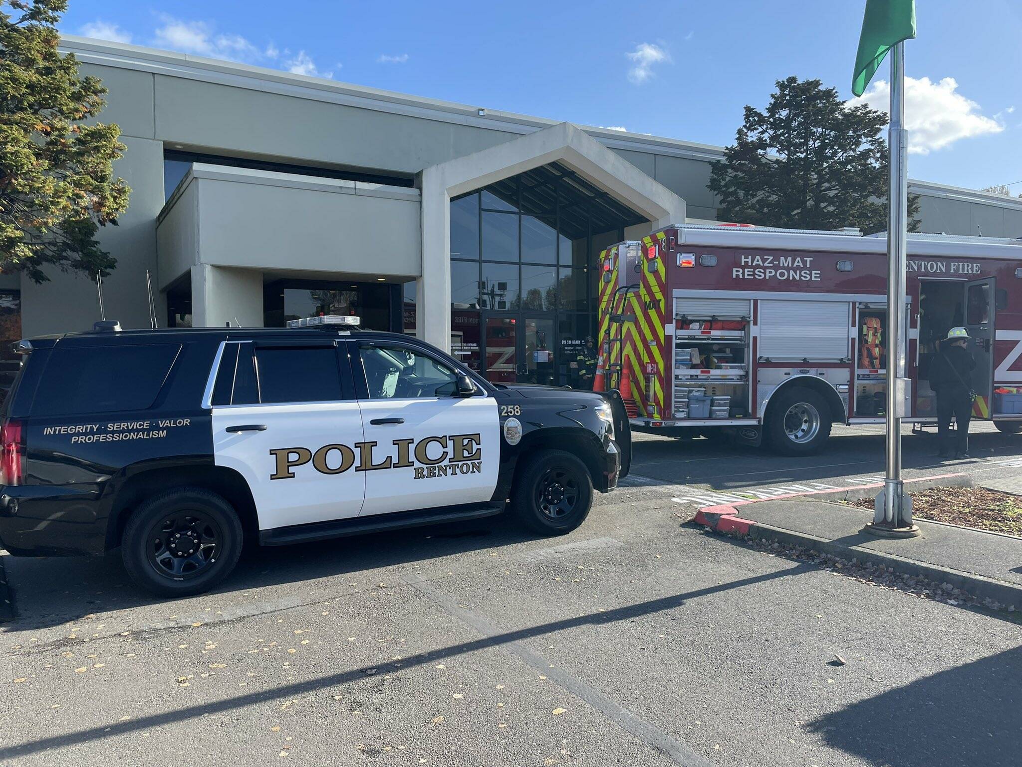 Renton police and fire and hazmat crews arrived at the scene of the King County Elections building at 919 Southwest Grady after receiving reports of an unknown substance delivered to the building. According to Sara Morris of the Renton Regional Fire Authority, an employee discovered white powder in a parcel. (Courtesy of the Renton Regional Fire Authority.)