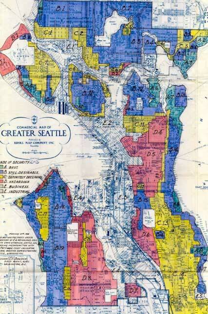 Historic map of Seattle’s redlined districts. (Screenshot from HistoryLink.org)