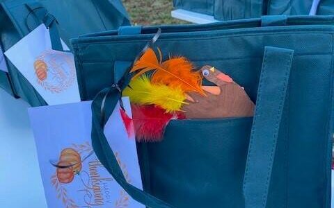 A picture of Thanksgiving packages in 2022, carrying the Thanksgiving meal and additional decorations. (Photo courtesy of Ginger Seybold)