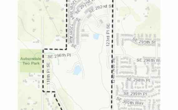 The area within the dotted line is a Kent neighborhood known as The Bridges, completely surrounded by Auburn. (COURTESY IMAGE)