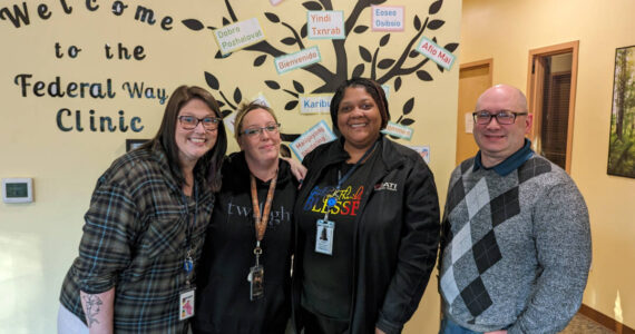 Valley Cities team members from the Federal Way Clinic. From left: Lauren Vesey, Case Manager; Bridgette Parsons, SUD Clinician; Leslie Wilson, Front Desk; and Robert Hoffman, Clinic Manager.