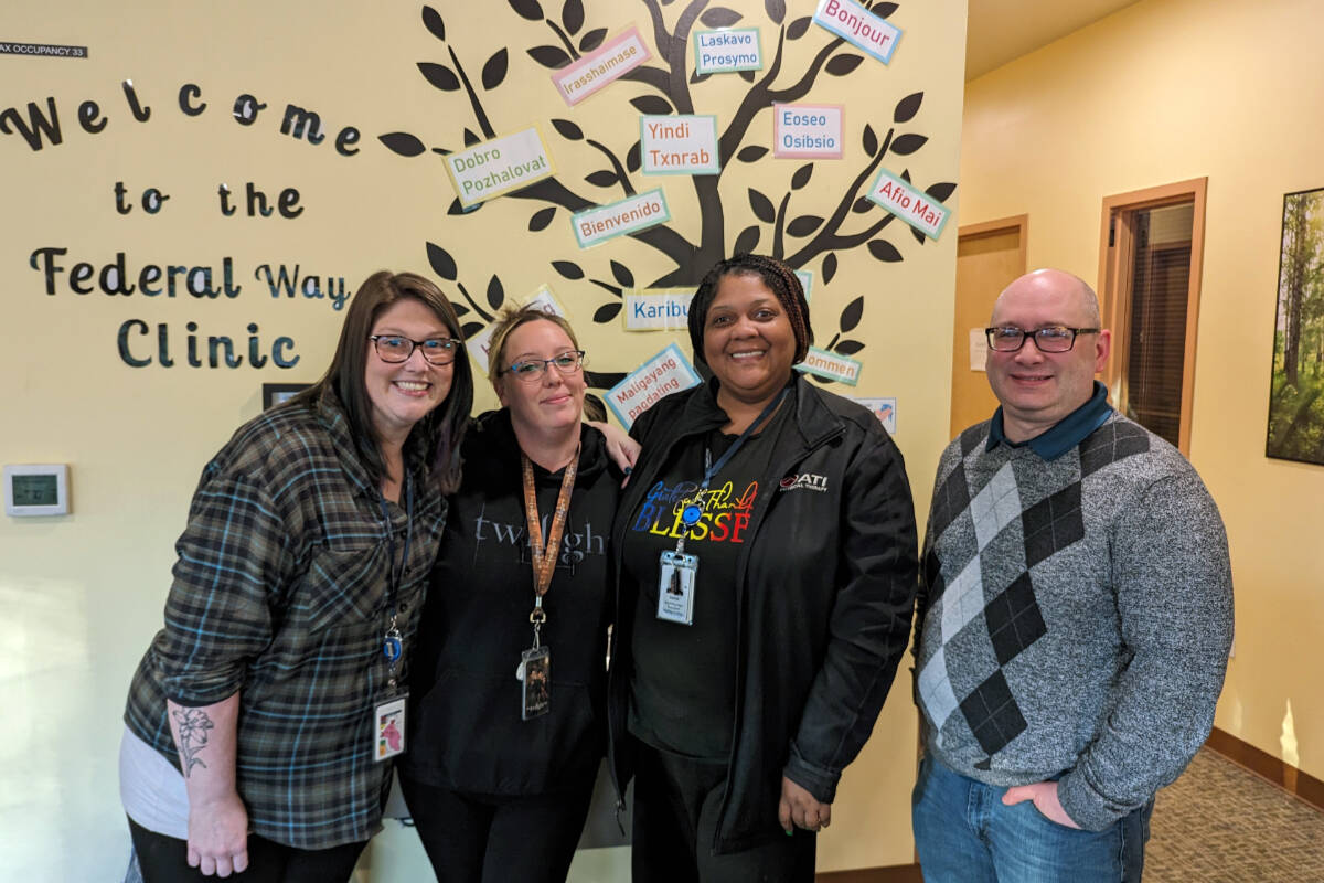 Valley Cities team members from the Federal Way Clinic. From left: Lauren Vesey, Case Manager; Bridgette Parsons, SUD Clinician; Leslie Wilson, Front Desk; and Robert Hoffman, Clinic Manager.