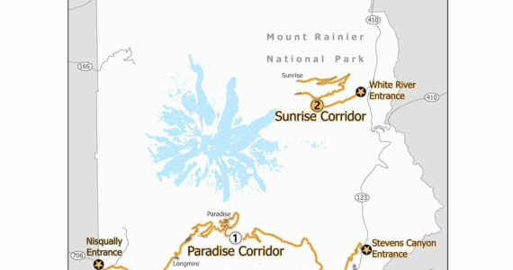 Separate timed entry reservations are required for the Paradise Corridor on the south side of the park and the Sunrise Corridor in the northeast corner of the park off of SR410. Graphic courtesy National Park Service