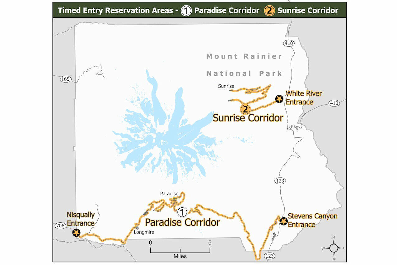 Separate timed entry reservations are required for the Paradise Corridor on the south side of the park and the Sunrise Corridor in the northeast corner of the park off of SR410. Graphic courtesy National Park Service