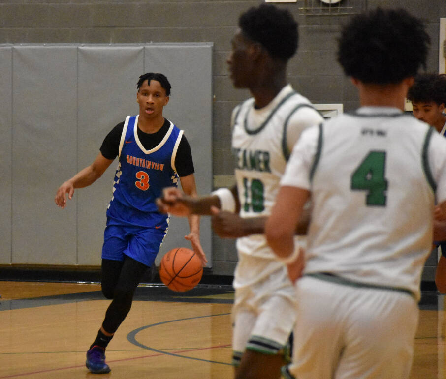 Photo by Ben Ray / Sound Publishing
Sebastian Arius of Auburn Mountainview dribbles through the Todd Beamer High School defense in a January game.