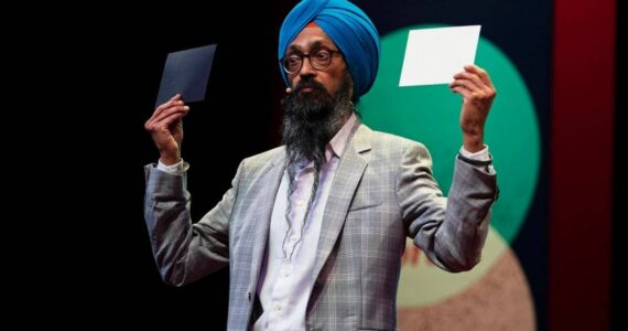 A scene from Vishavjit Singh’s talk “Storytelling: Our Most Potent Superpower” at TEDxJacksonville in 2021. Courtesy image
