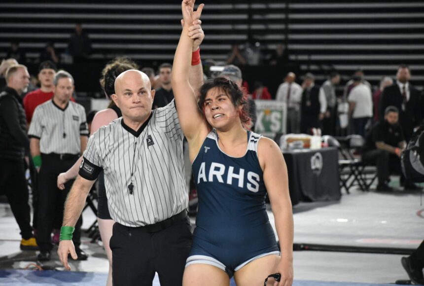 <p>Selena Mares-Castro crowned champion in her state title match. Ben Ray / The Reporter</p>
