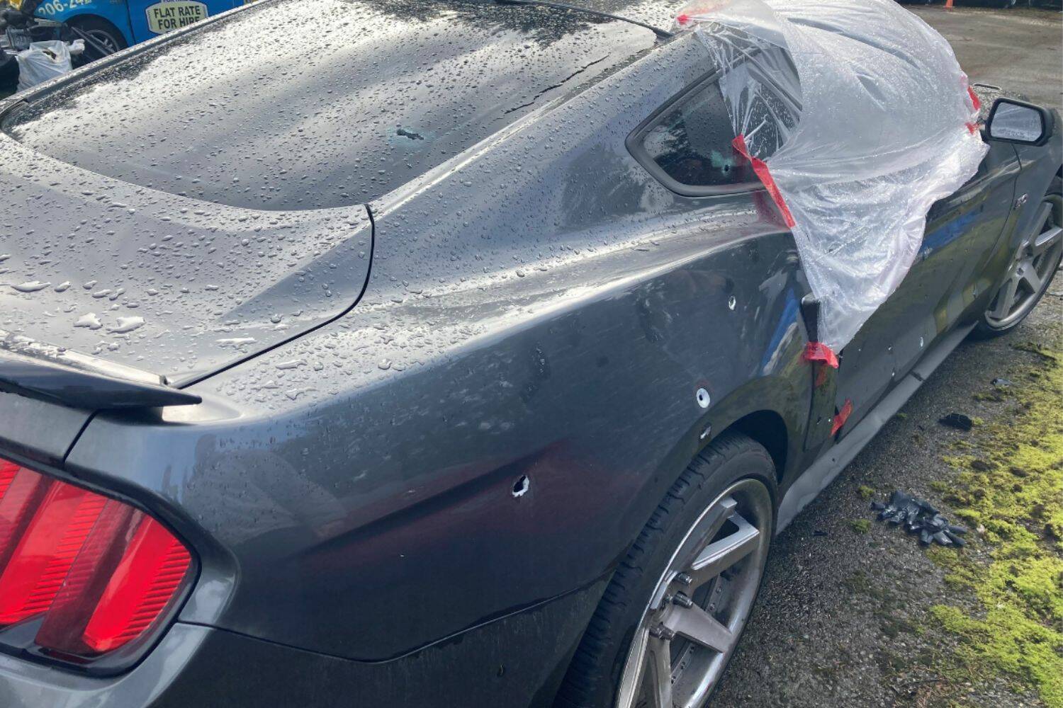 Car damaged by bullets during Feb. 19 Interstate 5 shooting. (Courtesy of Washington State Patrol)