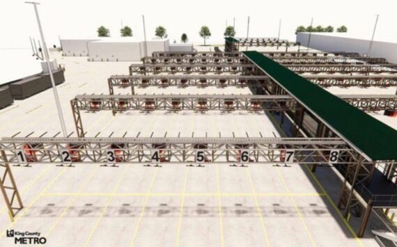 Design rendering of the Interim Base electric bus charging station in Tukwila. (Courtesy of King County Metro)