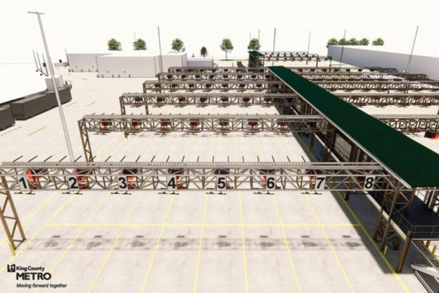 Design rendering of the Interim Base electric bus charging station in Tukwila. (Courtesy of King County Metro)