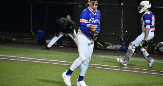 Auburn Mountainview pitcher Gino Trippy screams towards the Auburn dugout after closing out an inning with a double play. Ben Ray / The Reporter