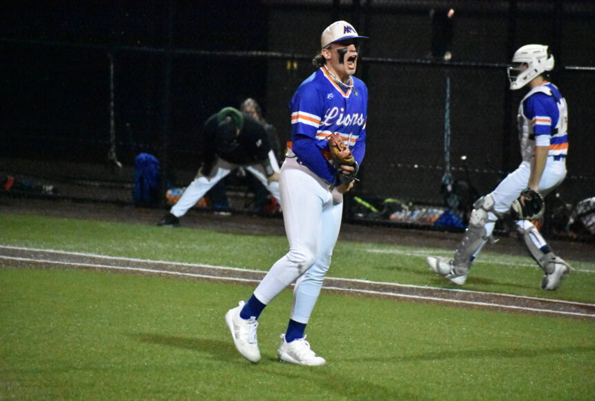 <p>Auburn Mountainview pitcher Gino Trippy screams towards the Auburn dugout after closing out an inning with a double play. Ben Ray / The Reporter</p>