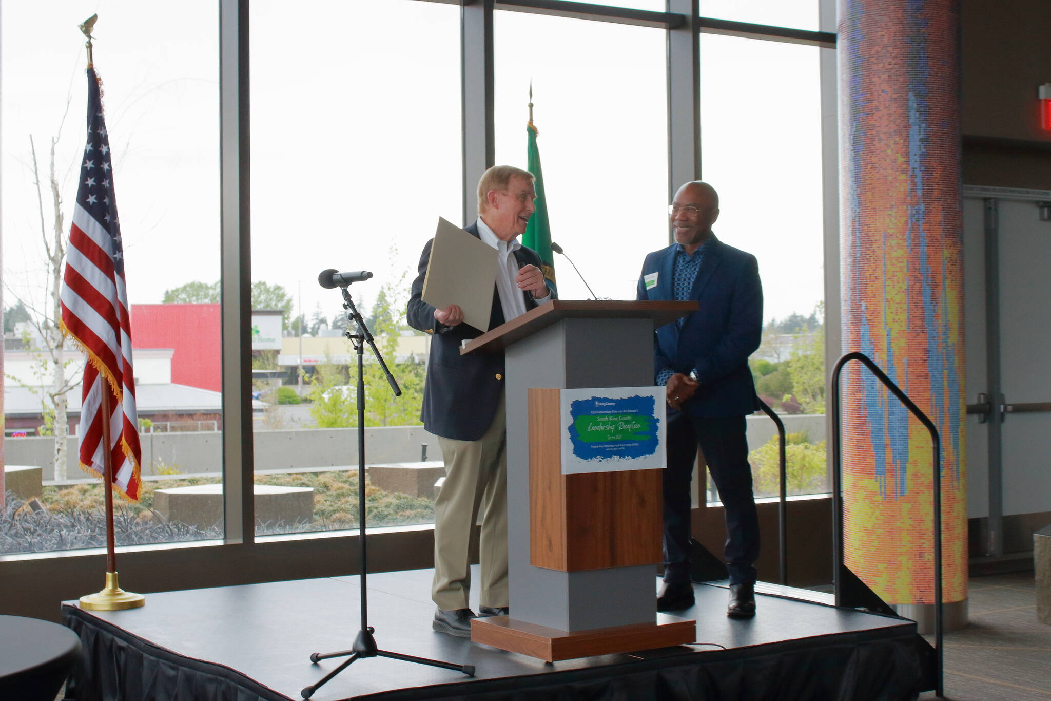 King County Councilmember Pete von Reichbauer honored Terrell Dorsey for his work with youth in Auburn through his program titled Unleash The Brilliance. The event with municipal leaders was held April 24 at the Federal Way Performing Arts and Event Center. The mission of Unleash The Brilliance is to help youth reduce at-risk behaviors, increase school attendance, and raise graduation rates. Photo by Keelin Everly-Lang / The Mirror