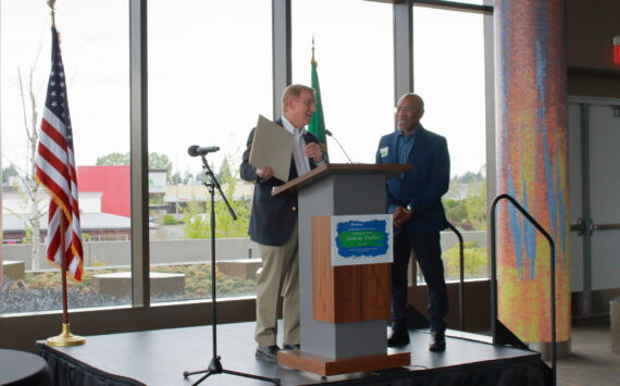 King County Councilmember Pete von Reichbauer honored Terrell Dorsey for his work with youth in Auburn through his program titled Unleash The Brilliance. The event with municipal leaders was held April 24 at the Federal Way Performing Arts and Event Center. The mission of Unleash The Brilliance is to help youth reduce at-risk behaviors, increase school attendance, and raise graduation rates. Photo by Keelin Everly-Lang / The Mirror