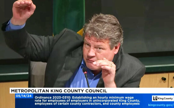 A screenshot of King County Councilmember Reagan Dunn speaking about a proposed amendment for the proposed $20 minimum wage ordinance. (Screenshot)