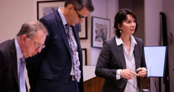 Prosecuting attorney Patty Eakes, right, attends closing arguments of Auburn Police Officer Jeffrey Nelson’s trial at Maleng Regional Justice Center in Kent on June 20, 2024. (Ken Lambert / The Seattle Times / Pool)
