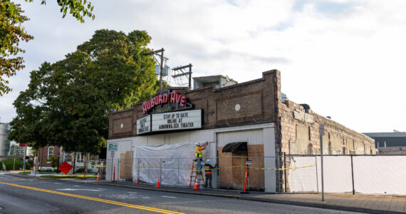 Demolition has begun on the Auburn Avenue Theater, with the main marquee among the things coming down first. Courtesy photo