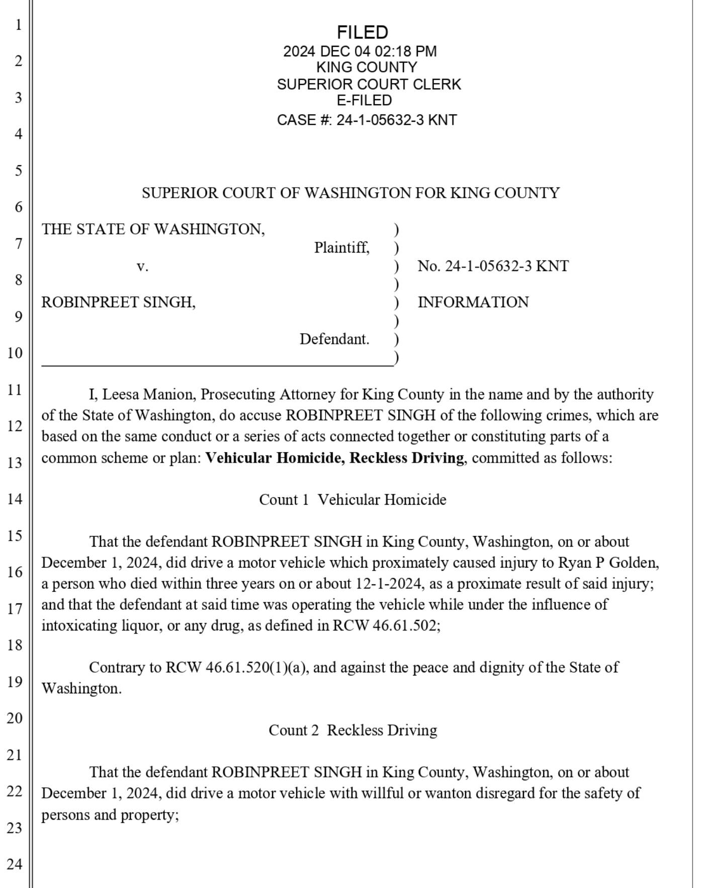 Robinpreet Singh’s charging documents. Photo courtesy of King County Superior Court.