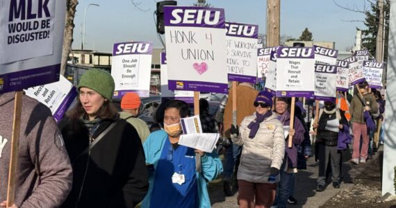 Photos by Drew Dotson/ Sound Publishing
Healthcare workers at MultiCare Auburn Medical Center picket in front of the hospital on Feb. 20.