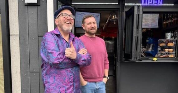 Josh Brugger and his friend and business partner Tim Larson in front of the coffee shop they opened on Jan. 5. Courtesy photo