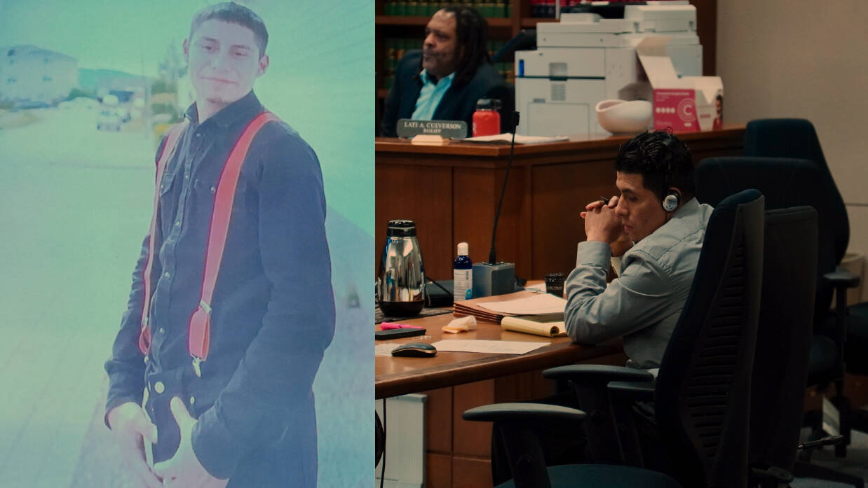 Left to right: A photo of Juan Carlos Guzman displayed in the courtroom and Rudy Garcia-Hernandez at his first day on trial. Joshua Solorzano/Sound Publishing