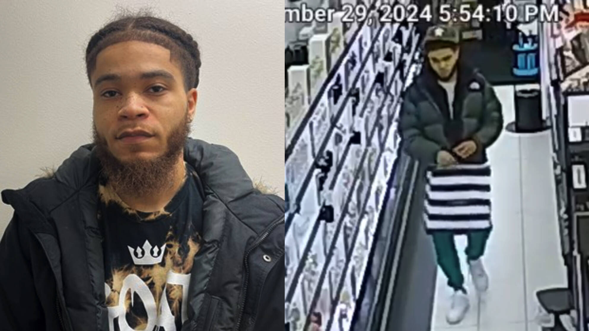 Vershawn Hairston’s mugshot and a screenshot of the man in the videos depicting the alleged thefts. Courtesy photos