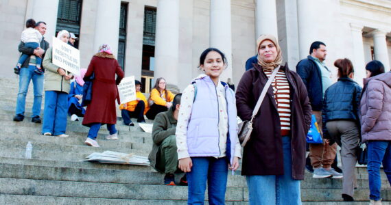 Alyaa Shamkhi volunteers at multiple organizations in Kent where she lives, including the New Americans Alliance for Policy and Research and Mujer al Volante in Federal Way. She attended the event at the Capitol with her daughter Feb. 27 in Olympia. Photo by Keelin Everly-Lang / the Mirror