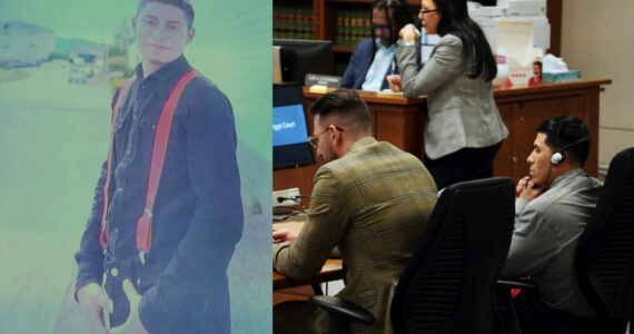Left to right, a photo of Juan Carlos Con-Guzman from opening statements, and defense counsel and Rudy Garcia-Hernandez on Feb. 25, 2025. Photo by Joshua Solorzano/Sound Publishing