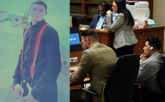 Left to right, a photo of Juan Carlos Con-Guzman from opening statements, and defense counsel and Rudy Garcia-Hernandez on Feb. 25, 2025. Photo by Joshua Solorzano/Sound Publishing