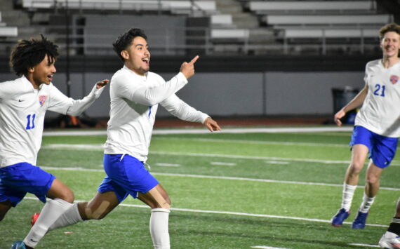 Benji Toscano celebrates his goal against Kent-Meridian. Ben Ray / The Reporter