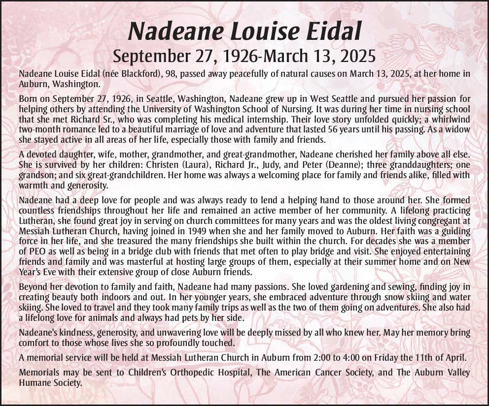 Nadeane Louise Eidal | Obituary