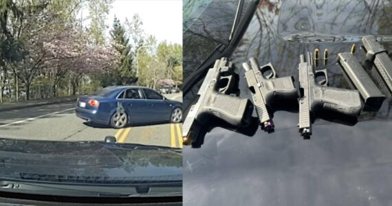 Left to right: A suspect being apprehended after the pit maneuver and the recovered firearms. Courtesy photos