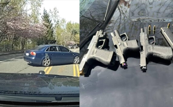 Left to right: A suspect being apprehended after the pit maneuver and the recovered firearms. Courtesy photos
