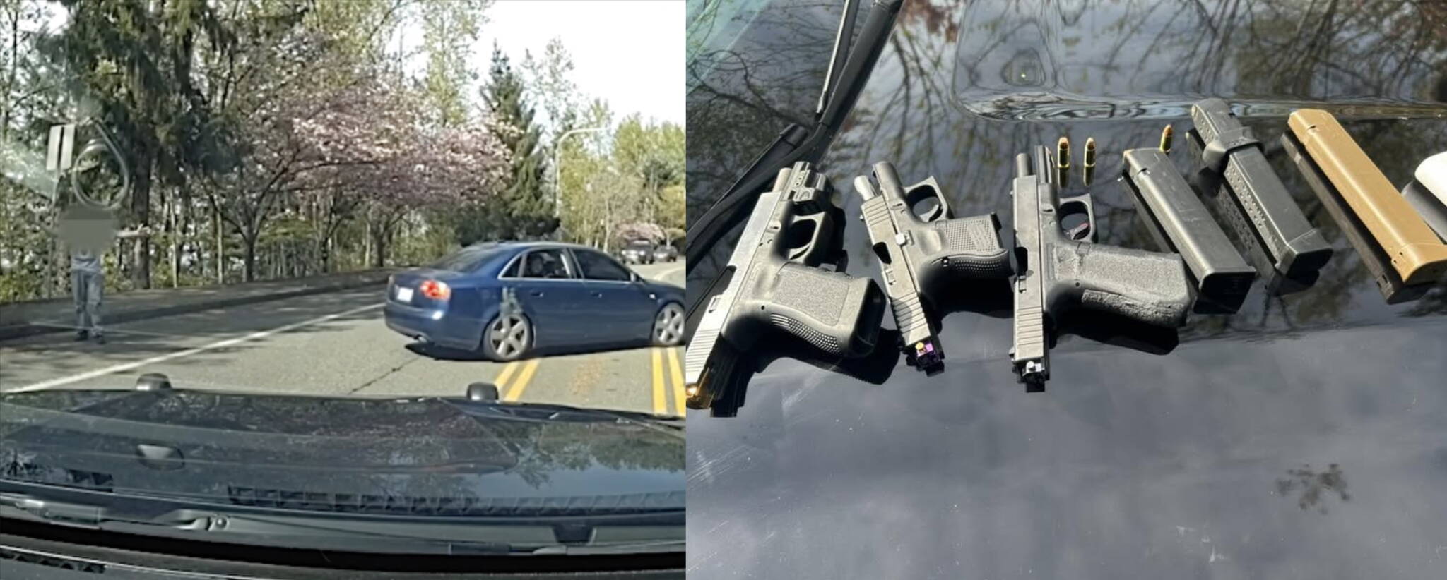 Left to right: A suspect being apprehended after the pit maneuver and the recovered firearms. Courtesy photos