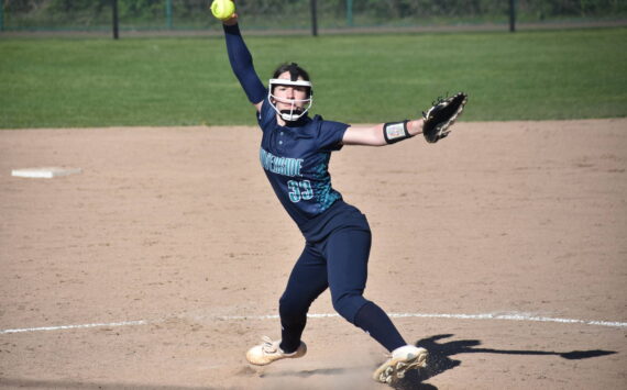 Makenna Vircks pitches against Kentridge at Kent Service Ballfields. Ben Ray / The Reporter