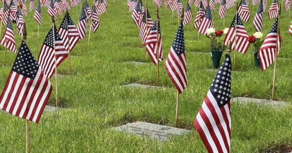 Small American flags adorn headstones at Tahoma National Cemetery in Kent. Photo Courtesy of Tahoma National Cemetery.