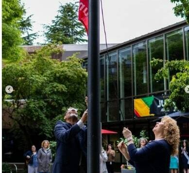 Auburn celebrates its second observance of Juneteenth from 10 a.m. to 3 p.m. June 22 at Les Gove Park, 910 9th St. SE. In the photo, Lonnie Washington Sr. and Auburn Mayor Nancy Backus raise the flag to kick off last year’s Juneteenth celebration. Courtesy photo/City of Auburn