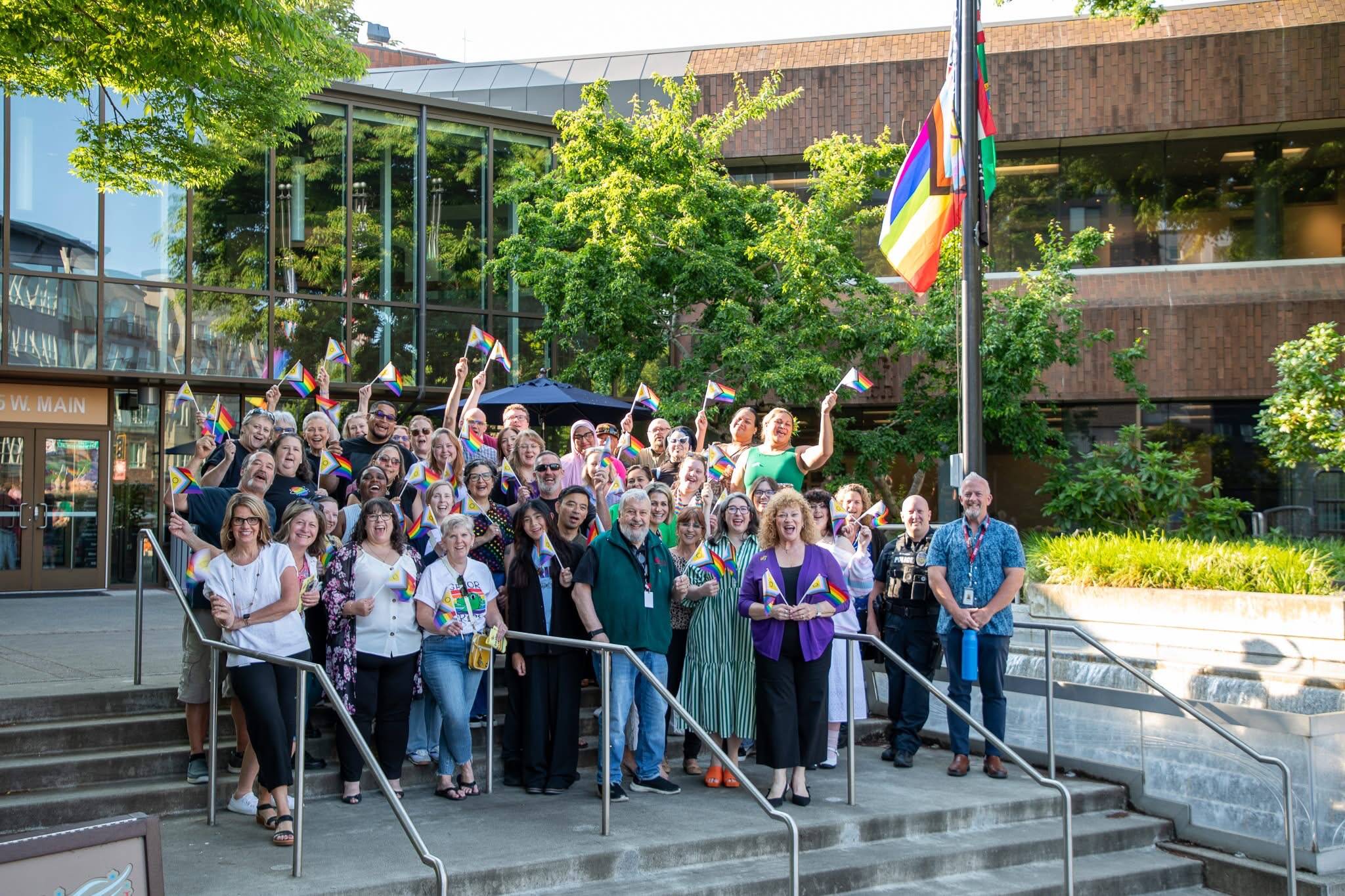 Auburn hosted a Pride flag raising and celebration June 2 at City Hall, with Mayor Nancy Backus issuing a proclamation in honor of Pride Month. In the proclamation, the mayor cites Auburn’s history of inclusion, and urges all residents “to recognize the contributions made by members of the LGBTQIA+ community and to actively promote the principles of equality, constitutional and civil rights of all people.” Courtesy photo/City of Auburn