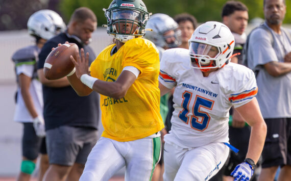 Auburn quarterback chased by Auburn Mountainview defender. Photo provided by Robby Mullikin.