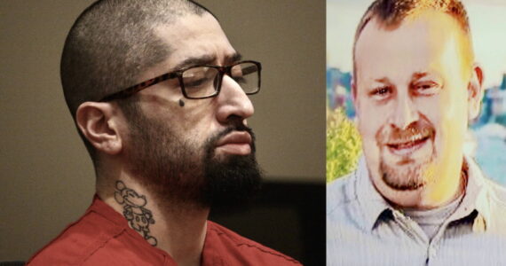 Left to right: Francisco Ochoa-Prado at his sentencing and a photo of Daniel Parkinson displayed in the courtroom. Photo by Joshua Solorzano/Sound Publishing