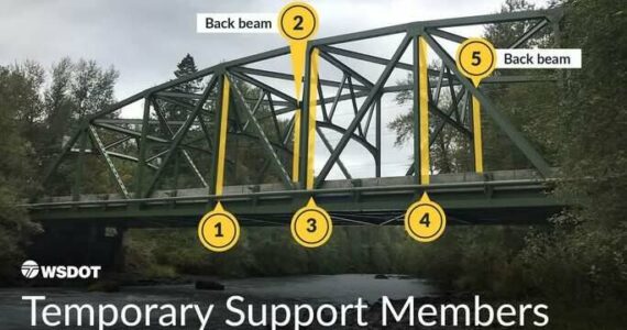 Photo courtesy WSDOT
Here are the five places the Washington State Department of Transportation plans to attach temporary bracers to the White River Bridge.
