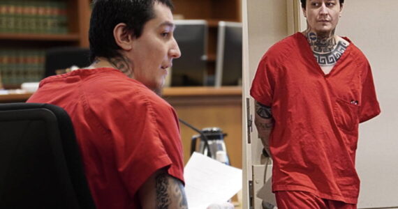 Left to right: Eddie Contreras speaking to his attorney and Contreras entering the courtroom. Photo by Joshua Solorzano/Sound Publishing