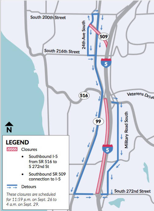 COURTESY GRAPHIC, WSDOT
Closure of I-5 southbound in Kent Sept. 26-29 with detour routes.