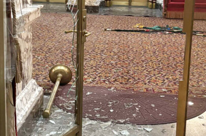 This photo shows damage to the State Reception Room at the Washington state Capitol after an intruder broke in on Sunday, Oct. 5. (Photo courtesy of Department of Enterprise Services)