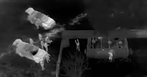 Drone footage of Auburn officers arresting a suspect while a second suspect exits the trailer. Courtesy photo.