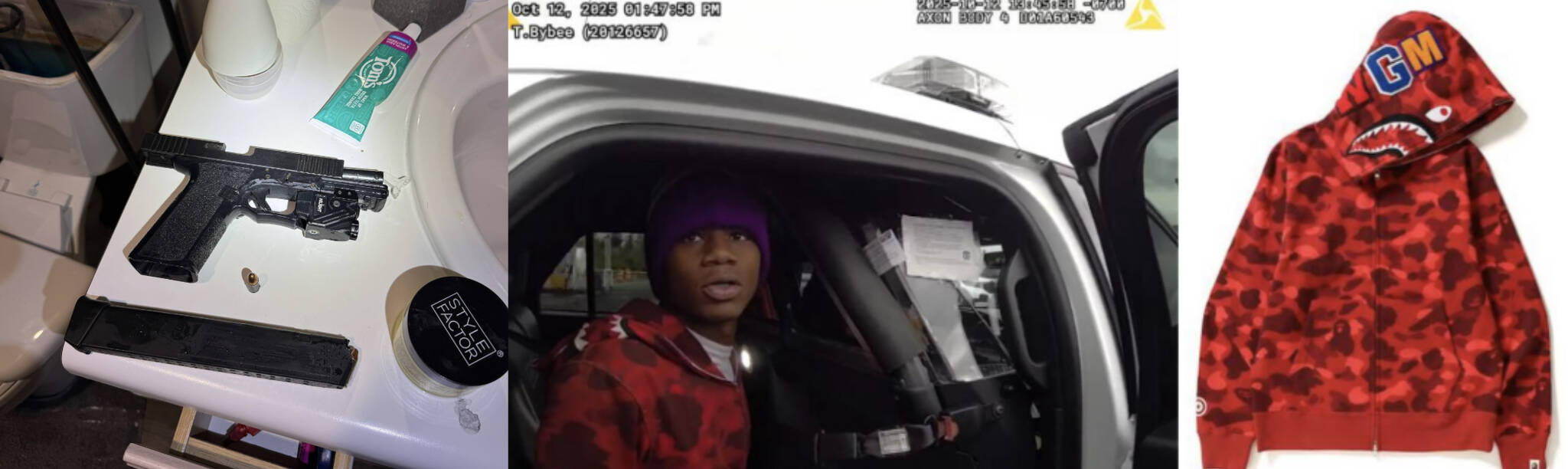 Left to right: Gun found in the toilet, and Thomas and a photo of the hoodie the alleged victim had stolen from him. Courtesy photos.