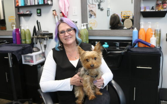 Third Dimension Salon owner Deana McFarlane and salon “director of cuddles” Bodhi. Third Dimension has won its third Best of Auburn award. Photo by Bailey Jo Josie/Sound Publishing