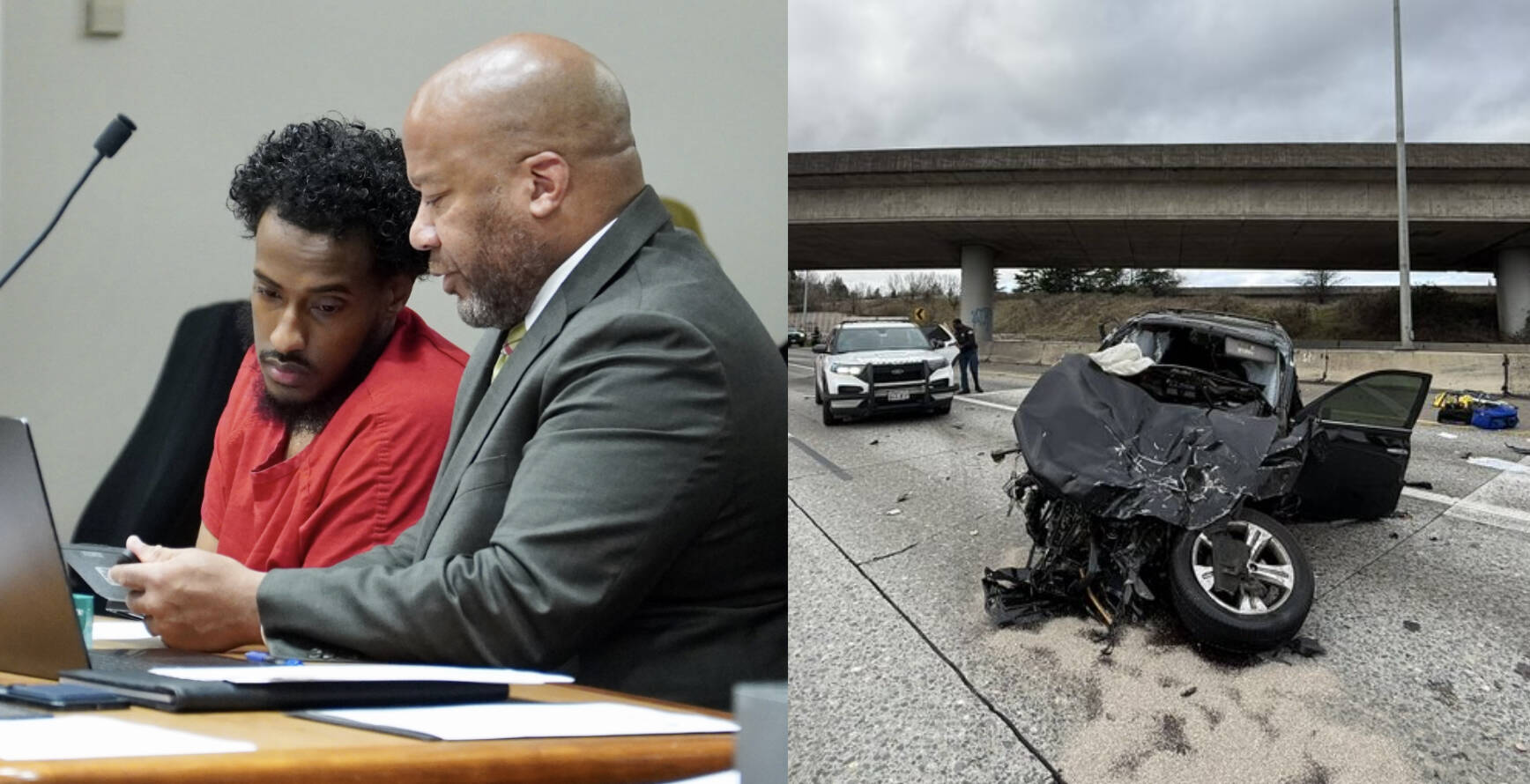 Left to right: Daud Mohamud and his attorney, and a photo of Mohamuds car at the crash site. Photo by Joshua Solorzano/Sound Publishing and courtesy photo